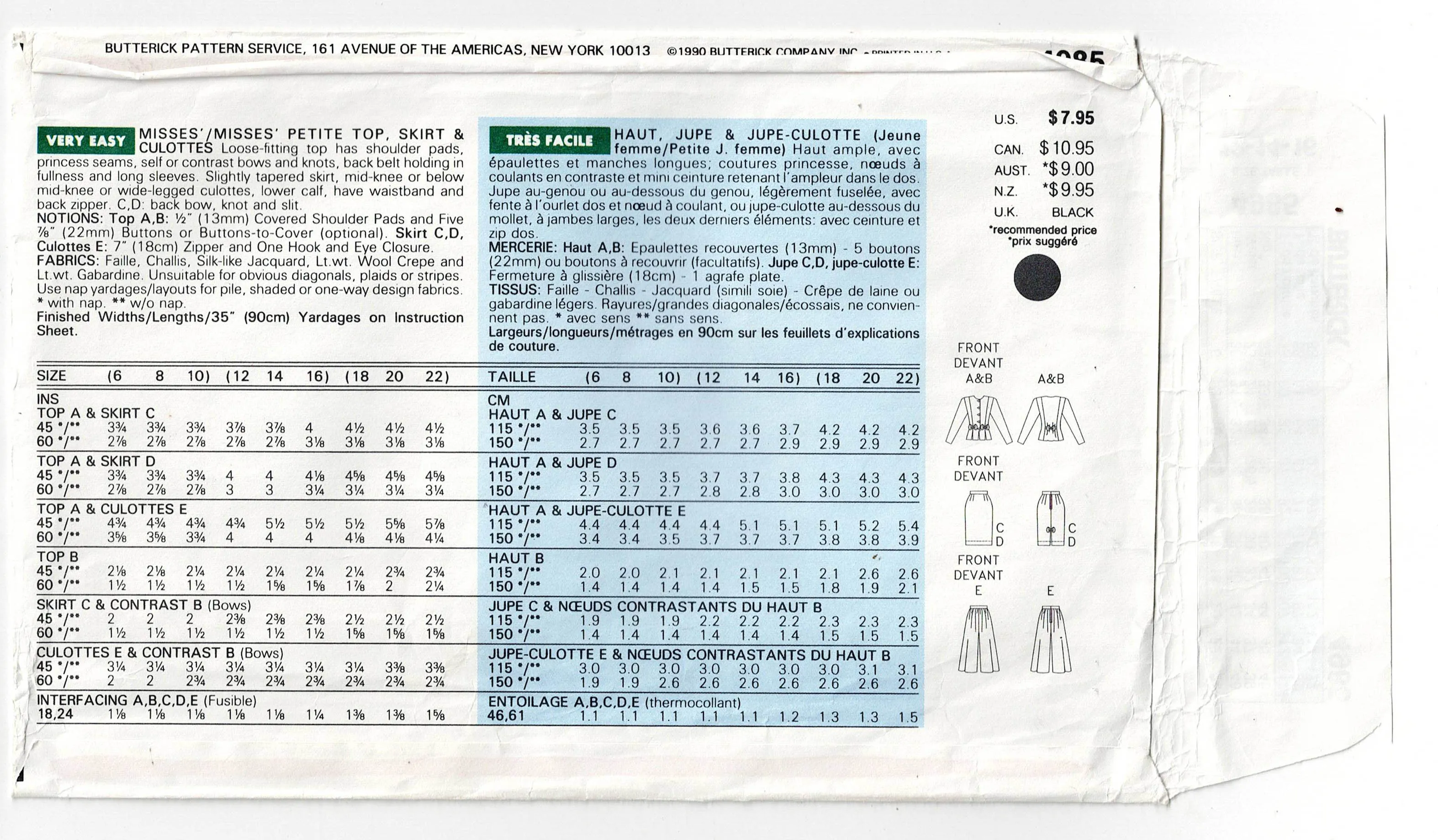 Butterick 4985 Womens Peplum Top Pencil Skirt & Wide Leg Culottes 1990s Vintage Sewing Pattern Size 12 - 16 UNCUT Factory Folded