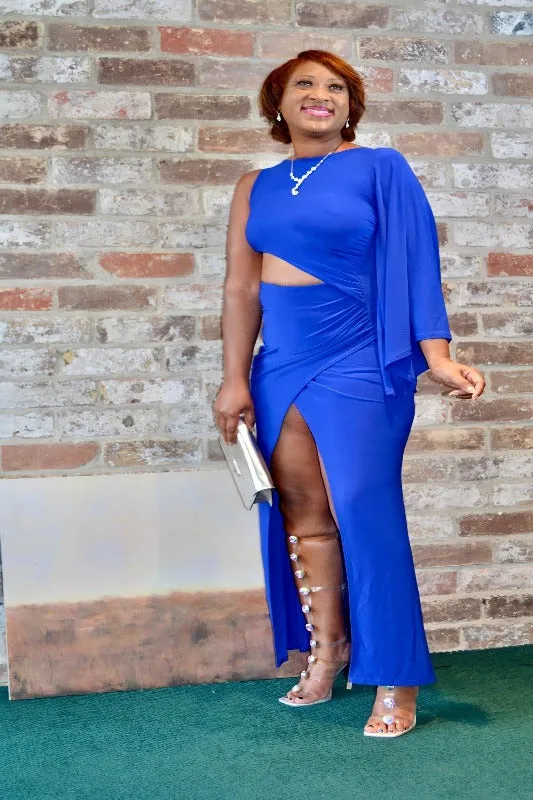 #CAPE SLEEVE MAXI DRESS - BLUE