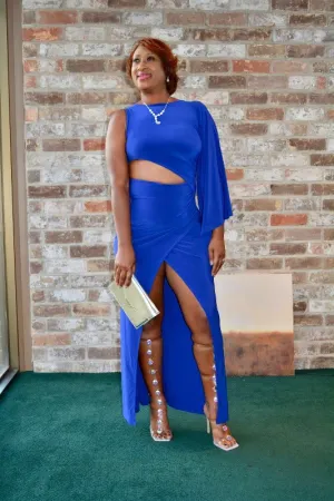 #CAPE SLEEVE MAXI DRESS - BLUE