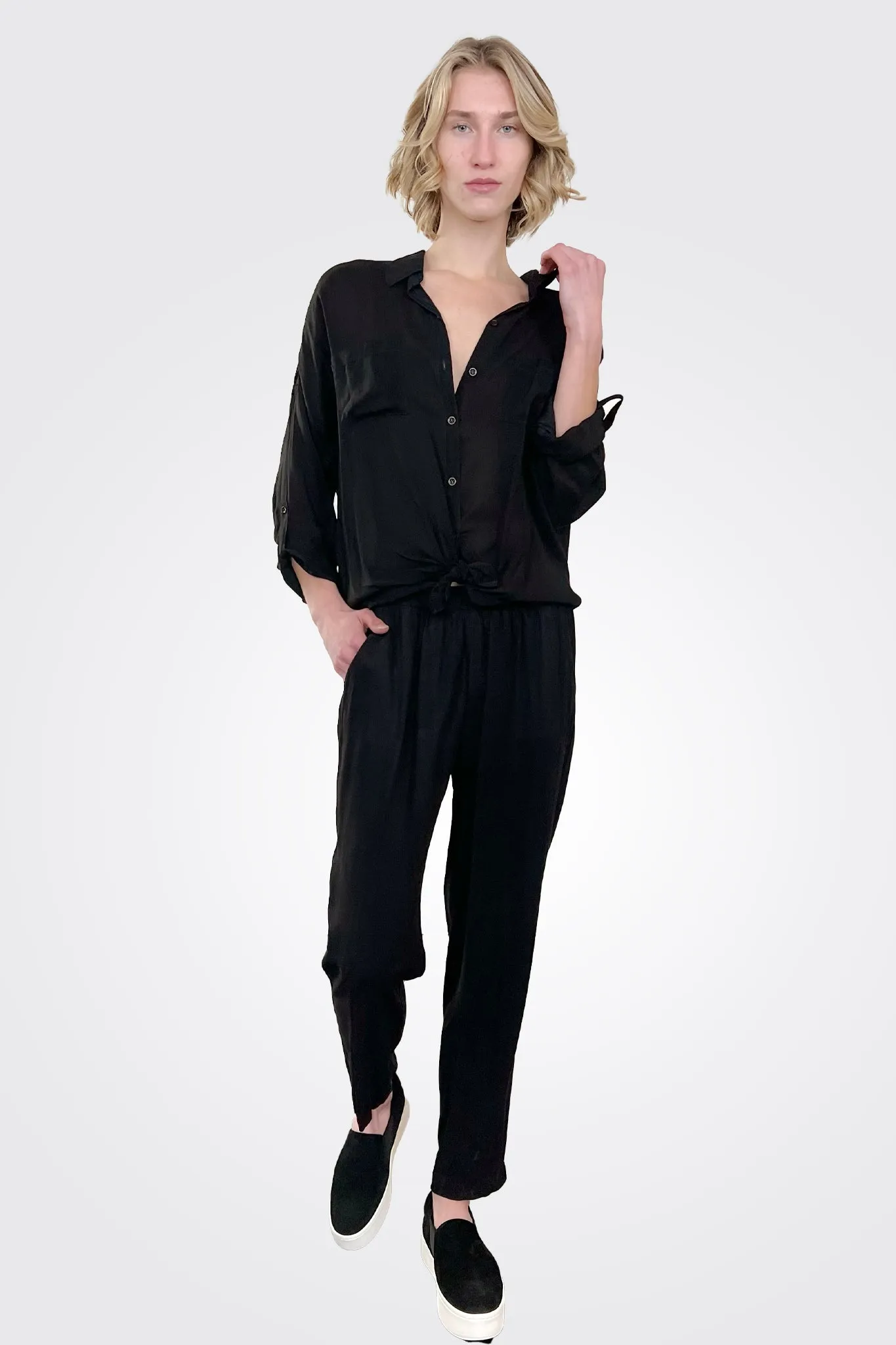Cargo Pocket Tie Front Top - Black