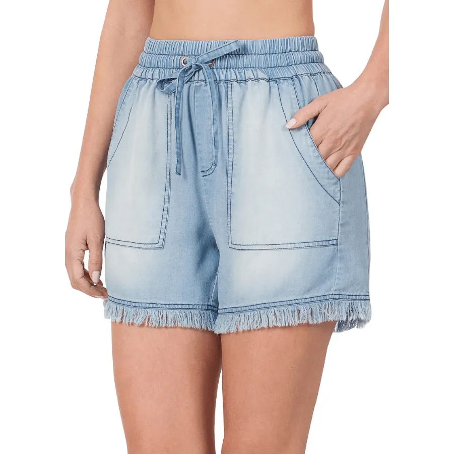 Chambray Frayed Hem Shorts