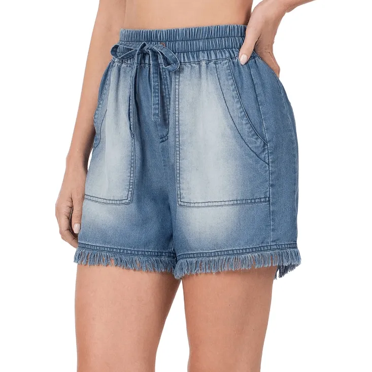 Chambray Frayed Hem Shorts