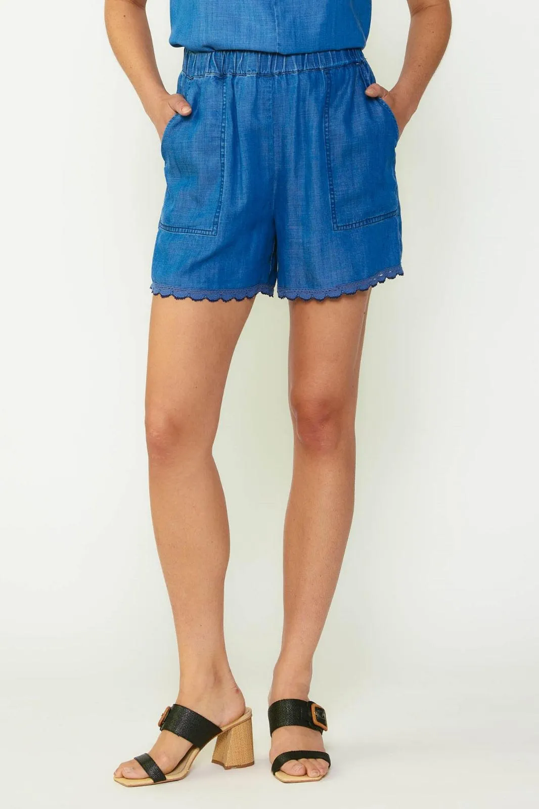 Chambray Lace Trim Elastic Waist Shorts