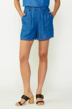 Chambray Lace Trim Elastic Waist Shorts