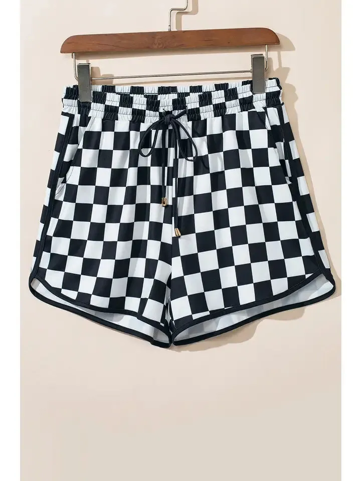 Checkered Drawstring Elastic Waist Casual Shorts