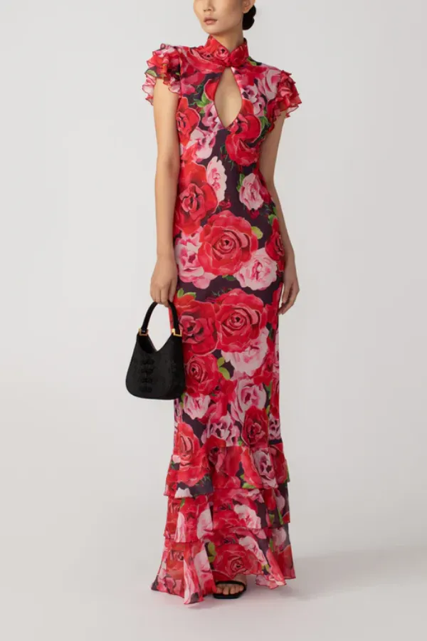 Cheongsam Style Rose Print Keyhole Chiffon Maxi Dress