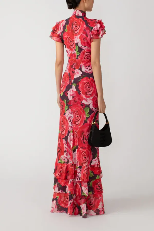 Cheongsam Style Rose Print Keyhole Chiffon Maxi Dress