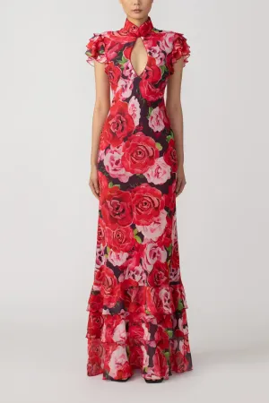 Cheongsam Style Rose Print Keyhole Chiffon Maxi Dress