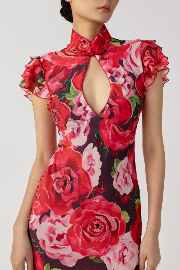 Cheongsam Style Rose Print Keyhole Chiffon Maxi Dress