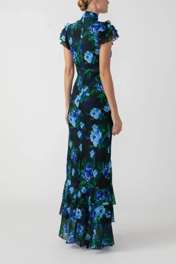 Cheongsam Style Rose Print Water Drop Hollow Chiffon Long Skirt