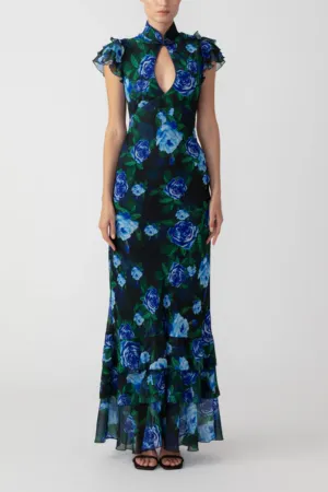 Cheongsam Style Rose Print Water Drop Hollow Chiffon Long Skirt