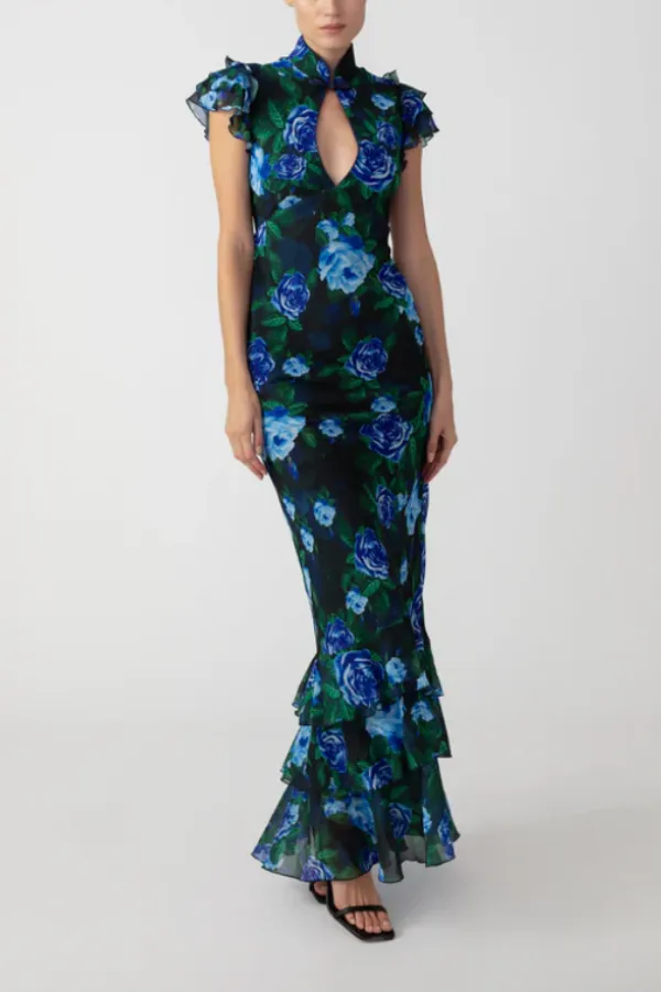 Cheongsam Style Rose Print Water Drop Hollow Chiffon Long Skirt