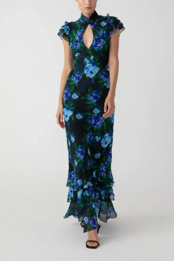 Cheongsam Style Rose Print Water Drop Hollow Chiffon Long Skirt
