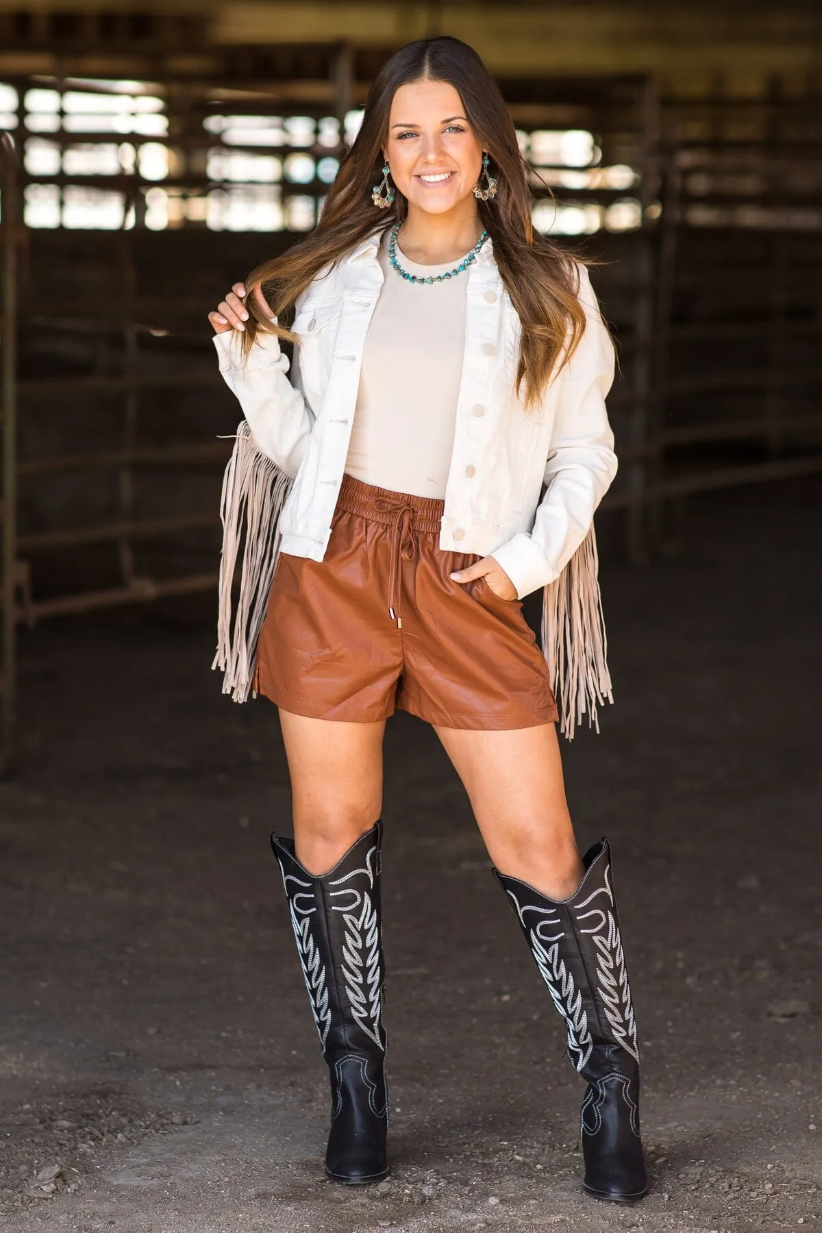 Chestnut Faux Leather Elastic Waist Shorts