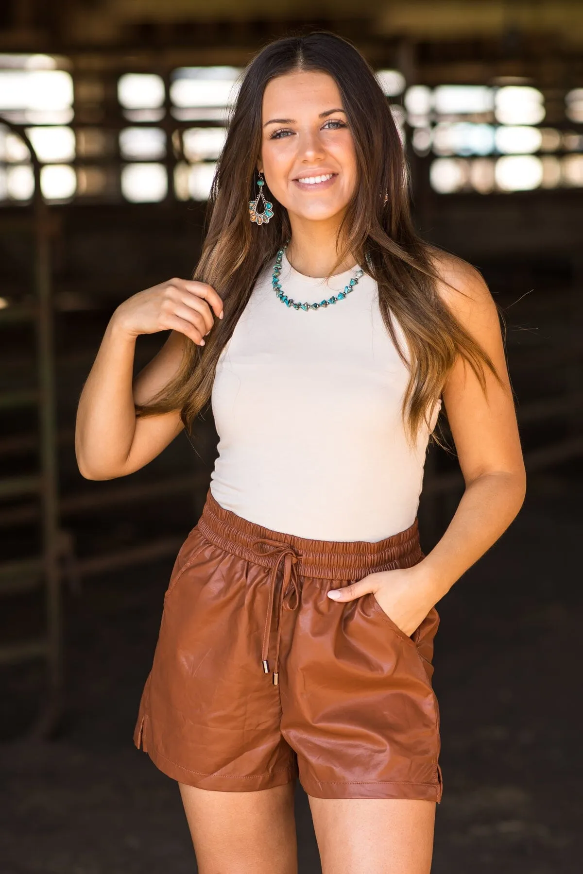 Chestnut Faux Leather Elastic Waist Shorts