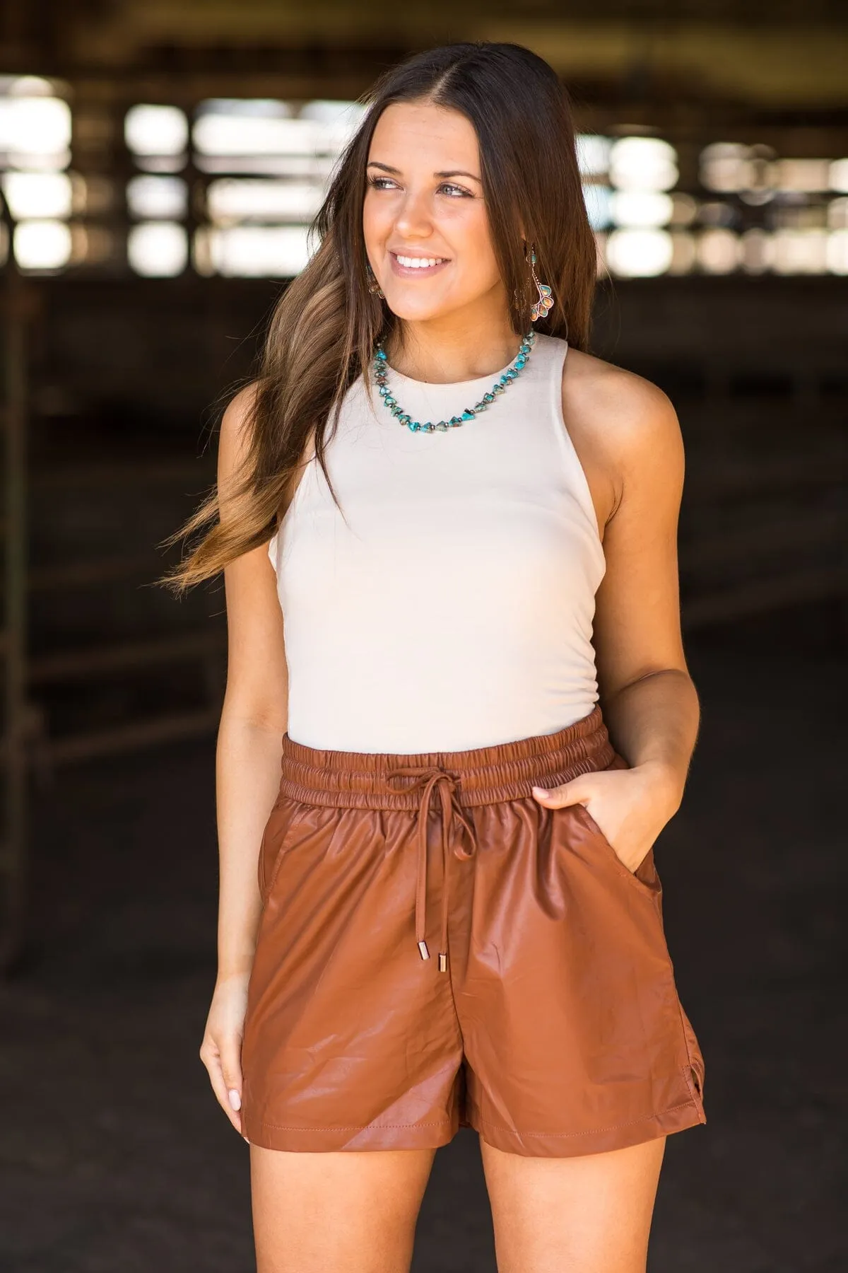 Chestnut Faux Leather Elastic Waist Shorts