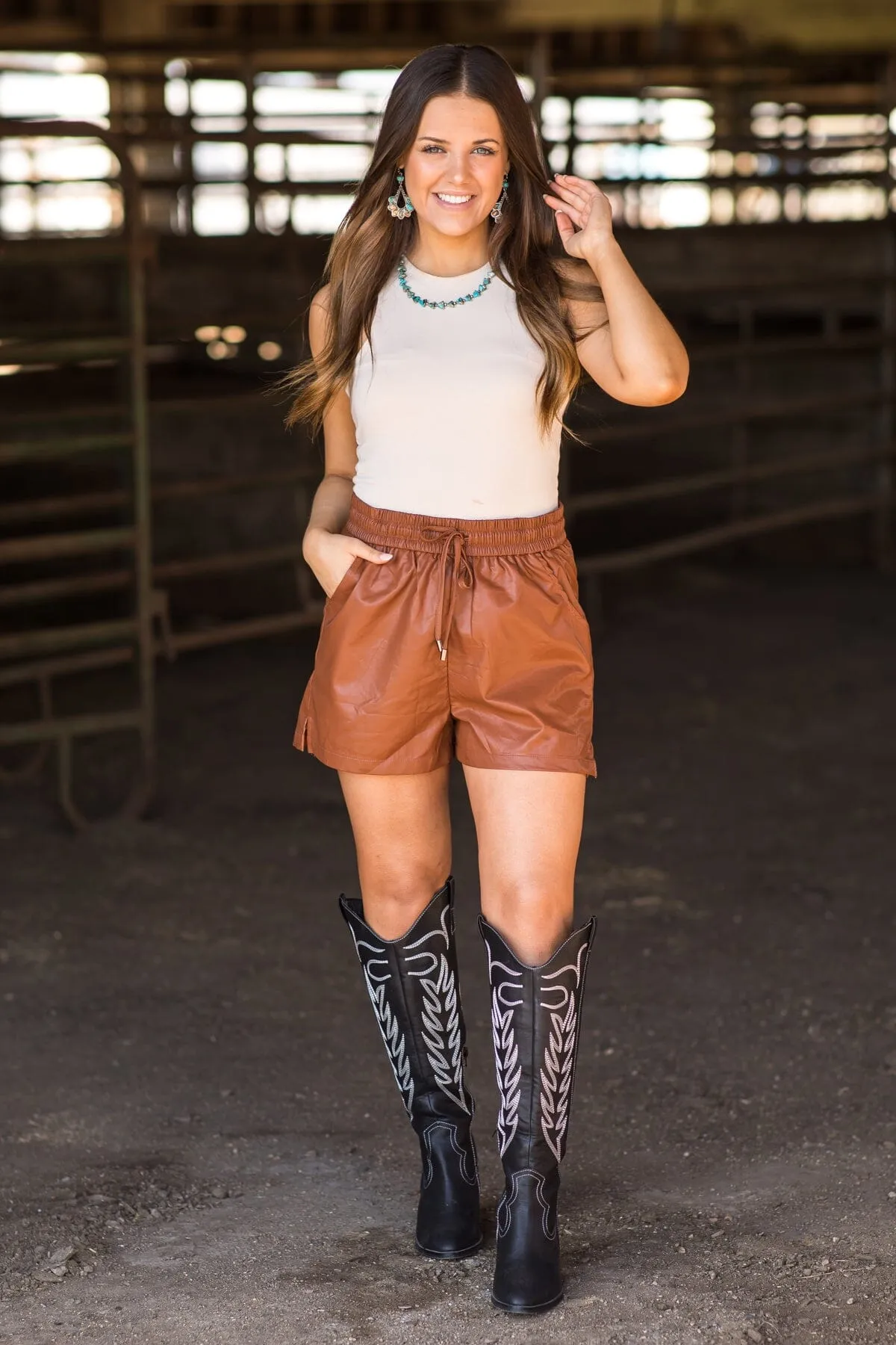 Chestnut Faux Leather Elastic Waist Shorts