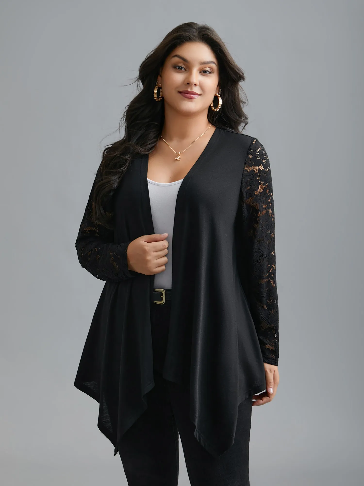 Crochet Lace Mesh Asymmetrical Trim Cardigan