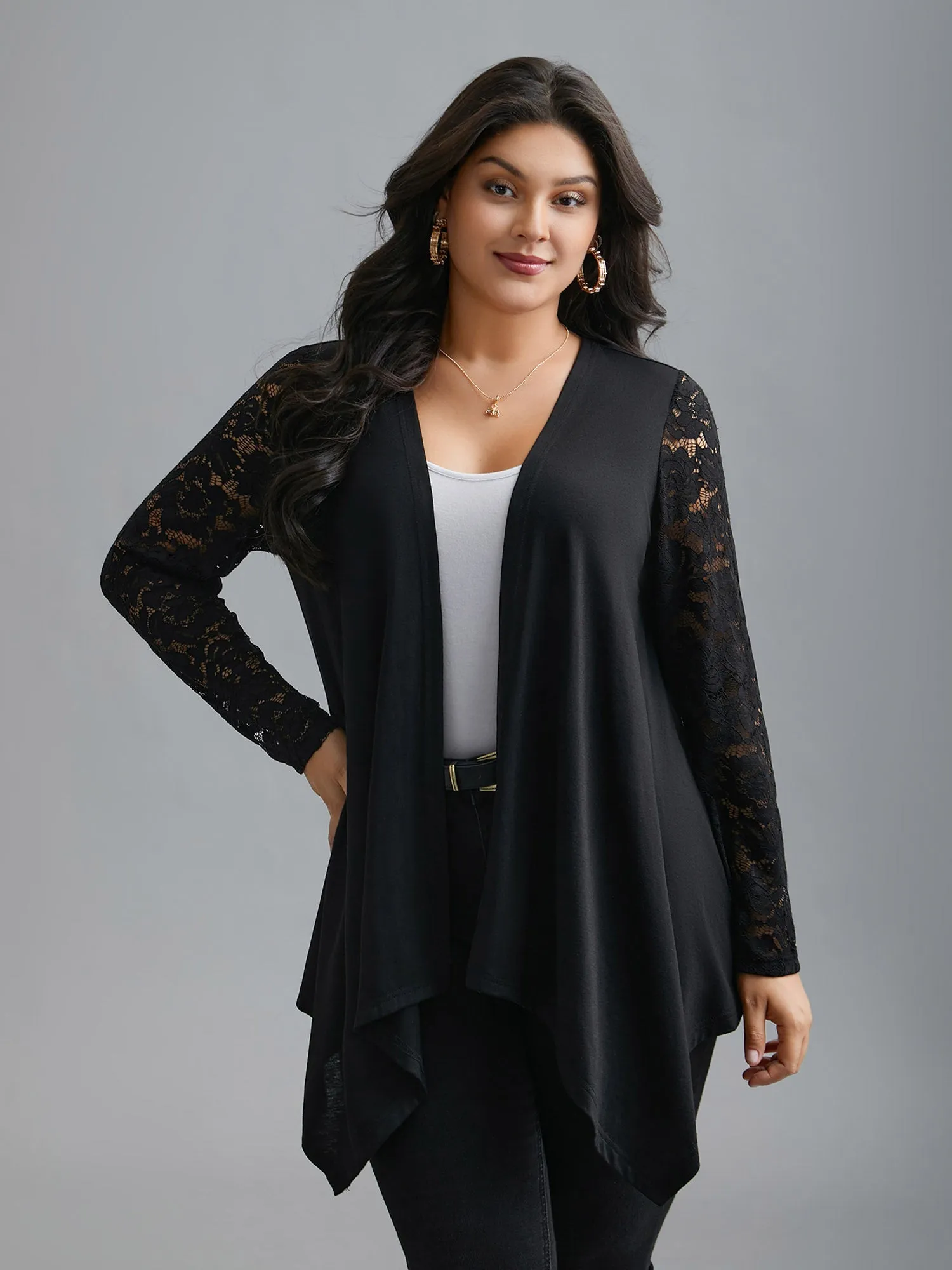Crochet Lace Mesh Asymmetrical Trim Cardigan