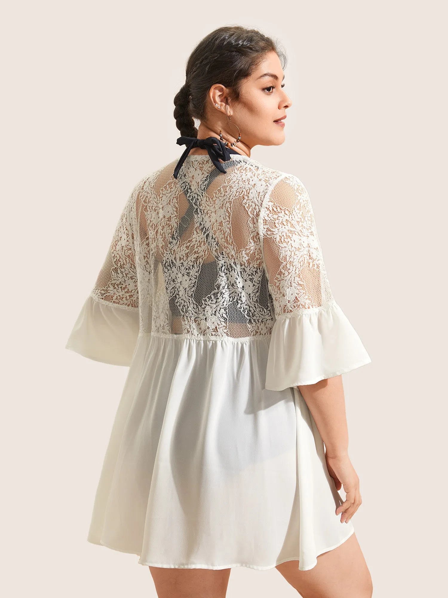 Crochet Lace Mesh Gathered Ruffles Kimono