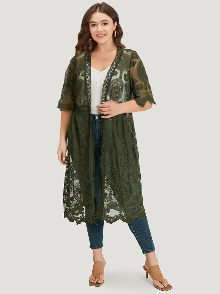 Crochet Lace Mesh Knot Open Front Kimono