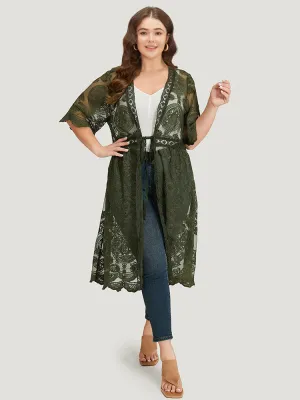 Crochet Lace Mesh Knot Open Front Kimono
