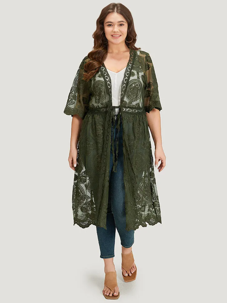 Crochet Lace Mesh Knot Open Front Kimono