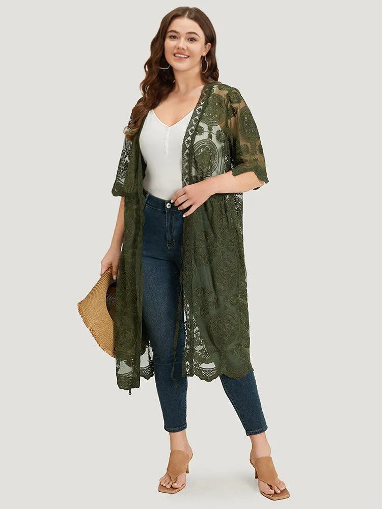 Crochet Lace Mesh Knot Open Front Kimono