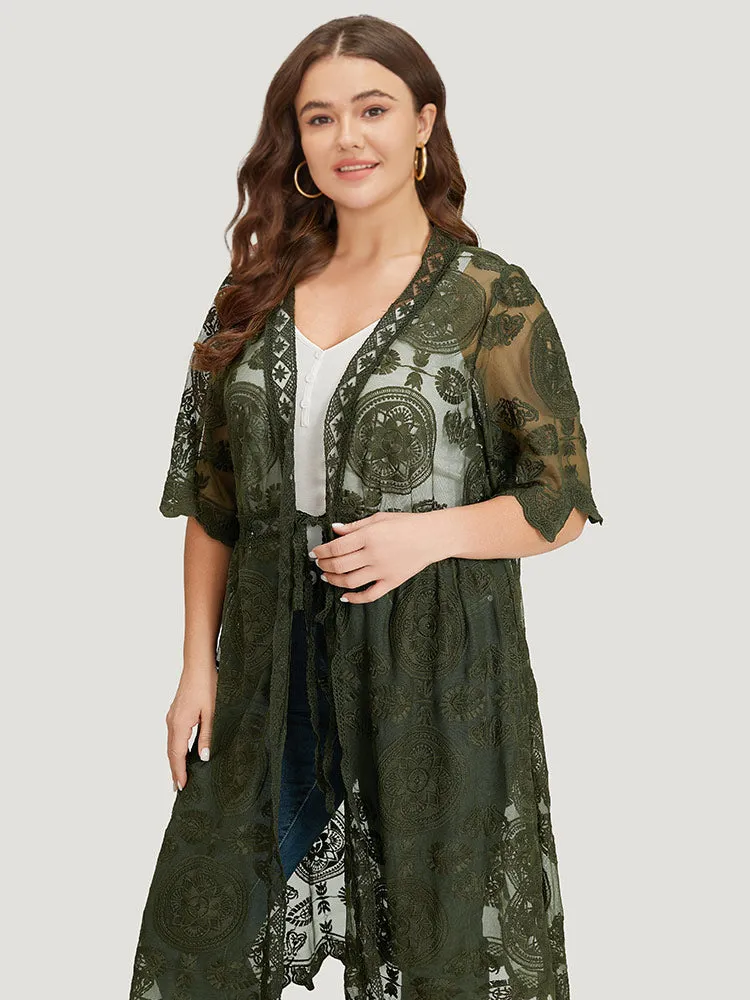 Crochet Lace Mesh Knot Open Front Kimono