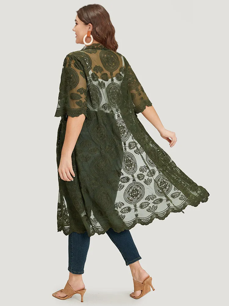 Crochet Lace Mesh Knot Open Front Kimono