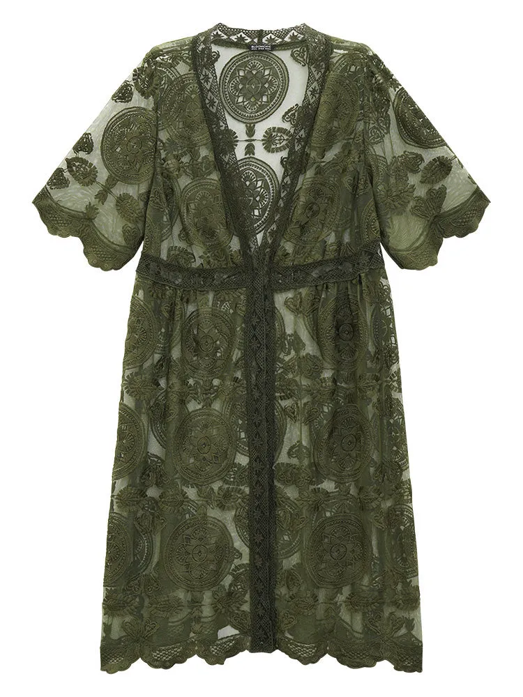 Crochet Lace Mesh Knot Open Front Kimono