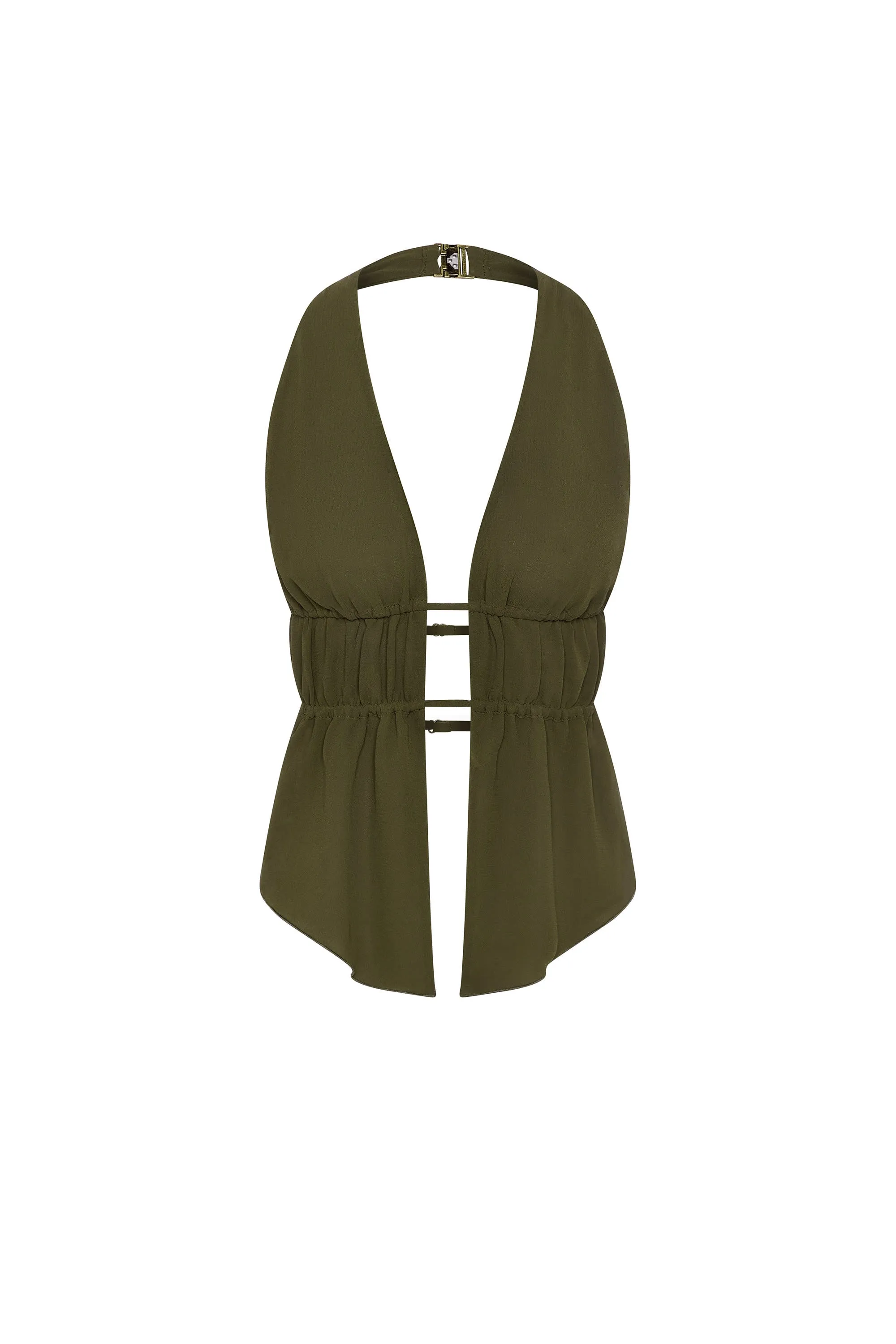 Cut-Out Semi-Sheer Ruched Halterneck Crop Top in Dark Khaki