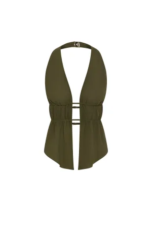 Cut-Out Semi-Sheer Ruched Halterneck Crop Top in Dark Khaki