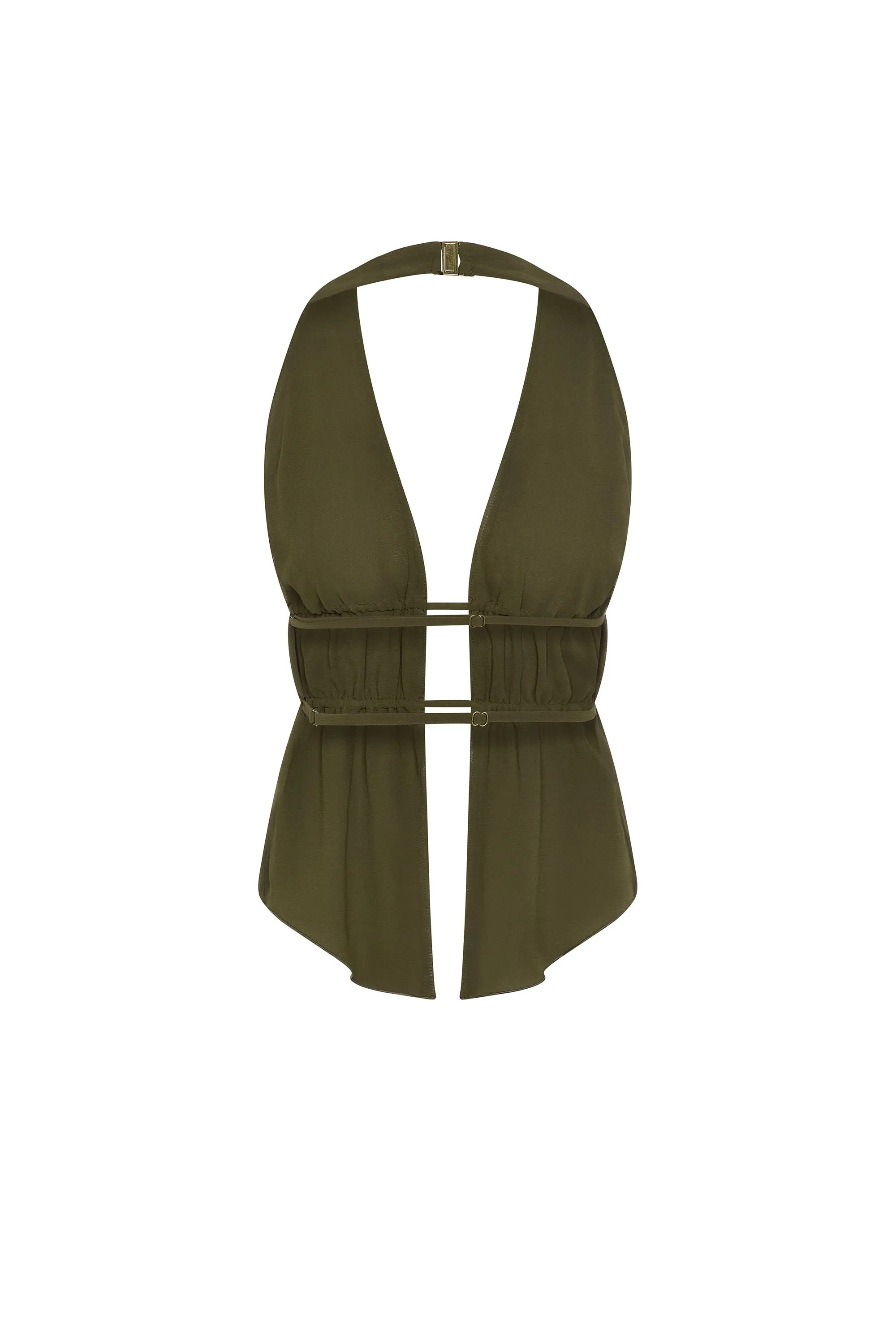 Cut-Out Semi-Sheer Ruched Halterneck Crop Top in Dark Khaki