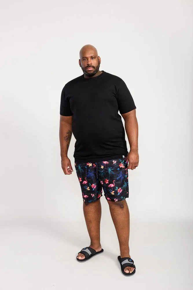 D555 Men's CAMPTON Flamingo & Palm Tree Printed Swim Shorts in Black 2XL to 5XL