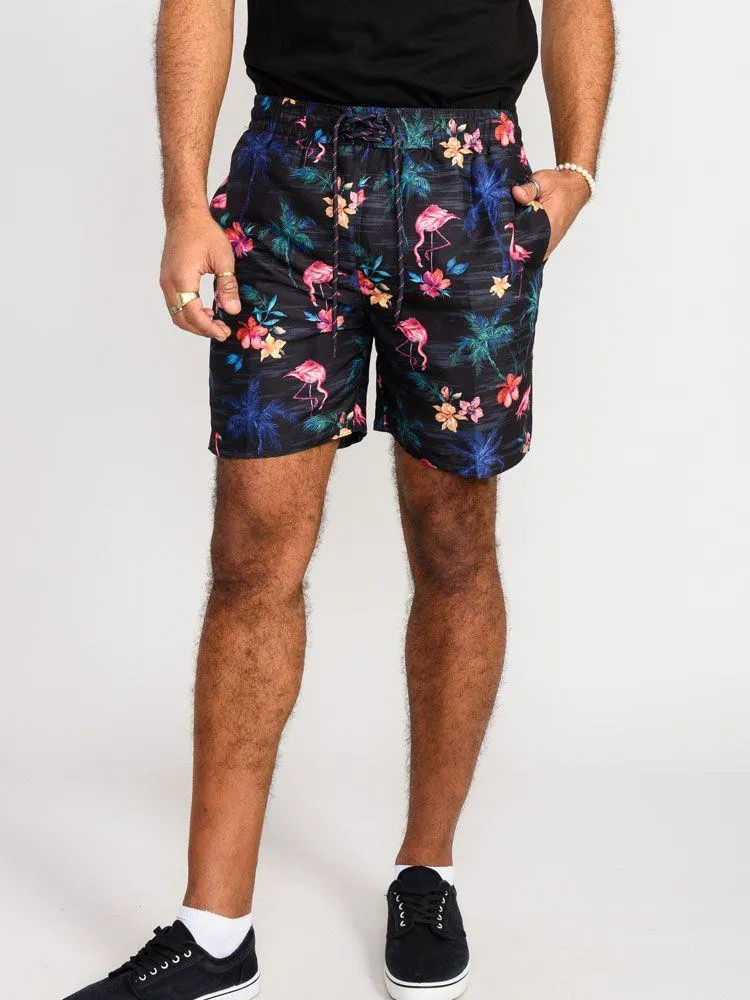 D555 Men's CAMPTON Flamingo & Palm Tree Printed Swim Shorts in Black 2XL to 5XL