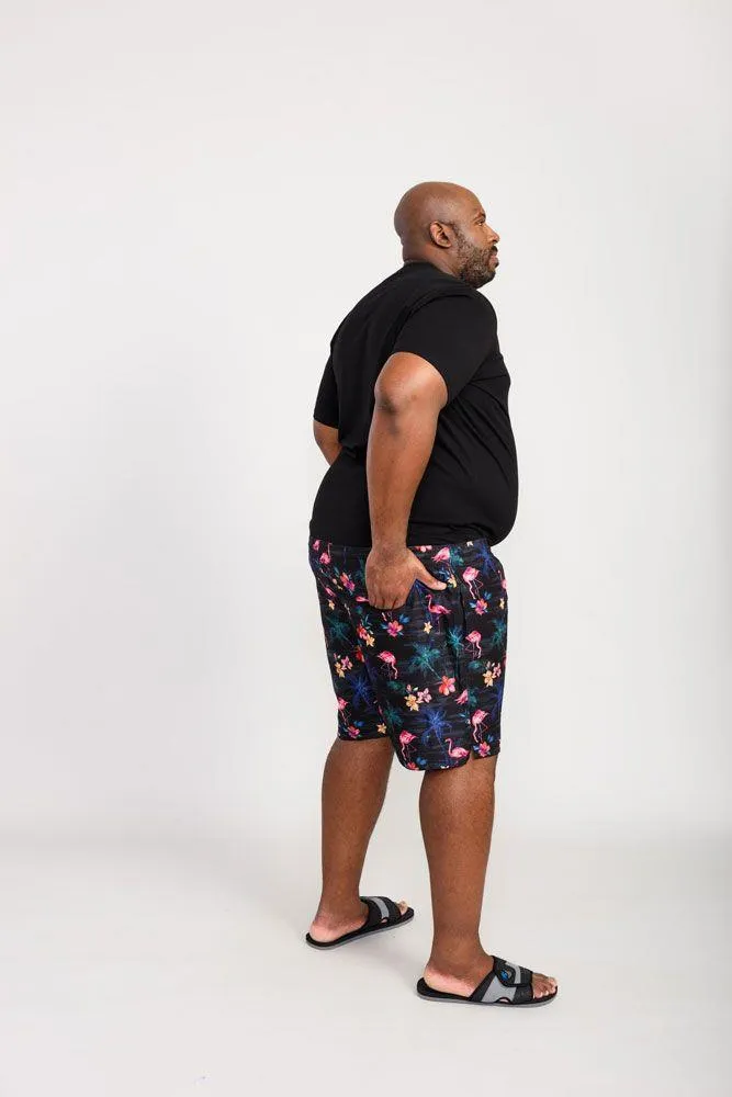 D555 Men's CAMPTON Flamingo & Palm Tree Printed Swim Shorts in Black 2XL to 5XL