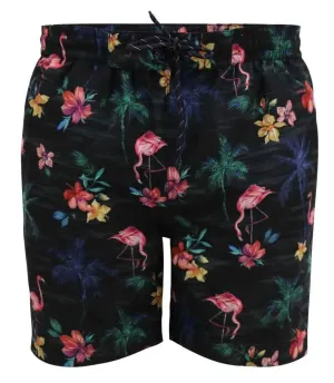 D555 Men's CAMPTON Flamingo & Palm Tree Printed Swim Shorts in Black 2XL to 5XL