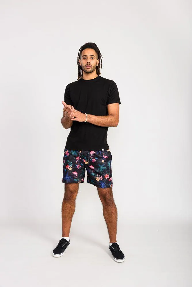 D555 Men's CAMPTON Flamingo & Palm Tree Printed Swim Shorts in Black 2XL to 5XL