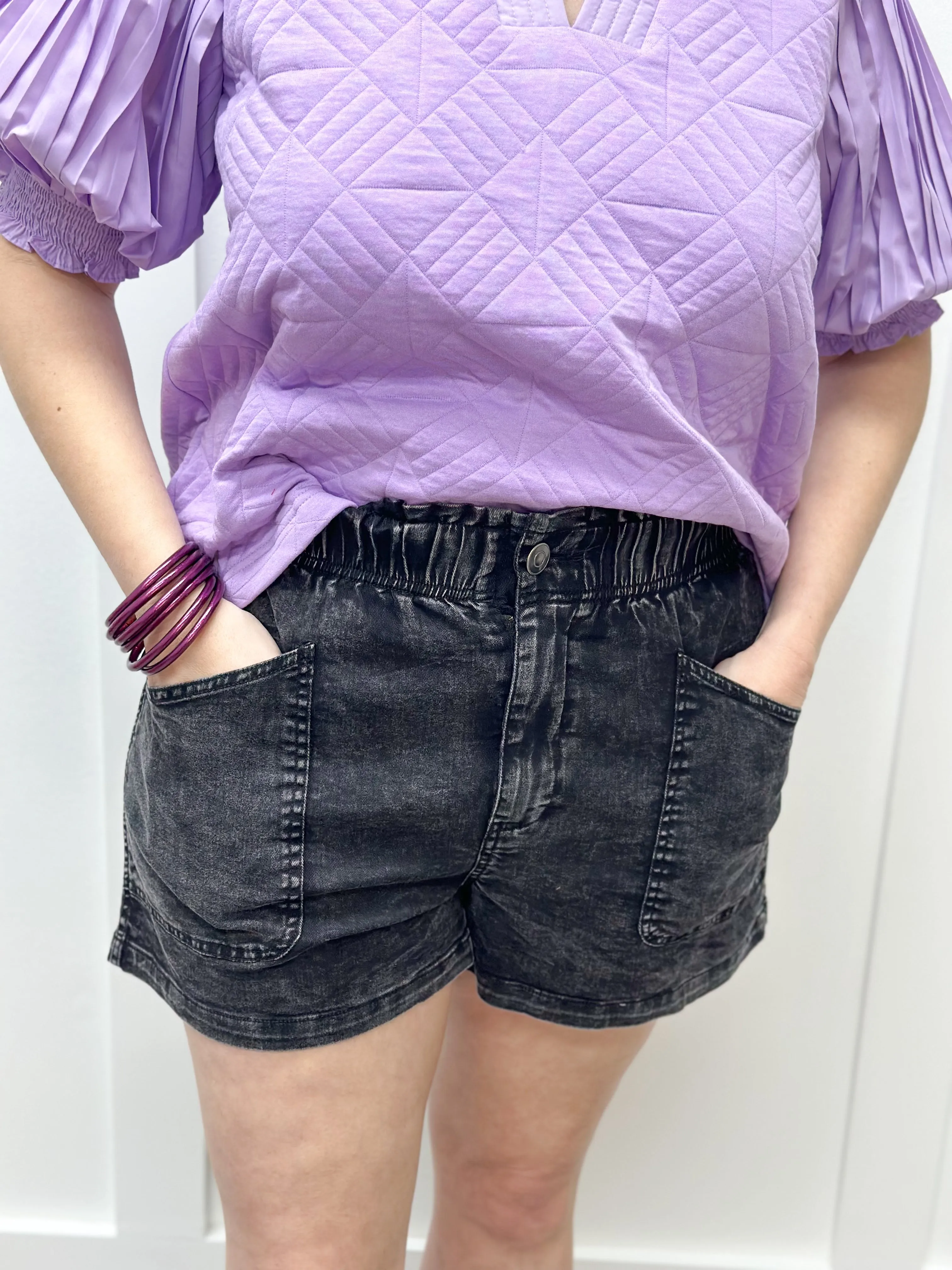 Denim Elastic Waist Pocket Short - Faded Black