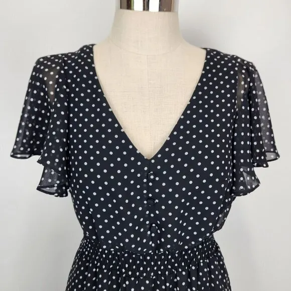 Eliza J. Polka Dot V-Neck Maxi Dress Size 8 Flutter Sleeve Black White Lined