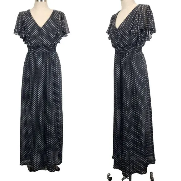 Eliza J. Polka Dot V-Neck Maxi Dress Size 8 Flutter Sleeve Black White Lined