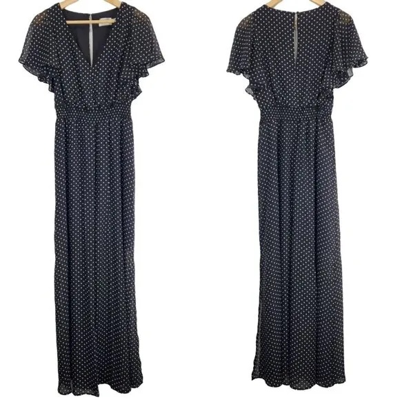 Eliza J. Polka Dot V-Neck Maxi Dress Size 8 Flutter Sleeve Black White Lined