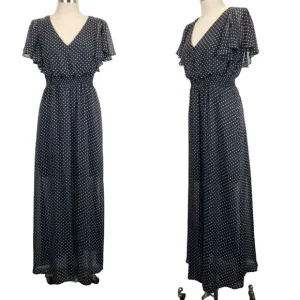 Eliza J. Polka Dot V-Neck Maxi Dress Size 8 Flutter Sleeve Black White Lined