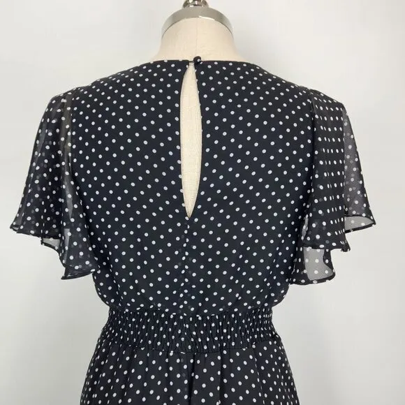 Eliza J. Polka Dot V-Neck Maxi Dress Size 8 Flutter Sleeve Black White Lined