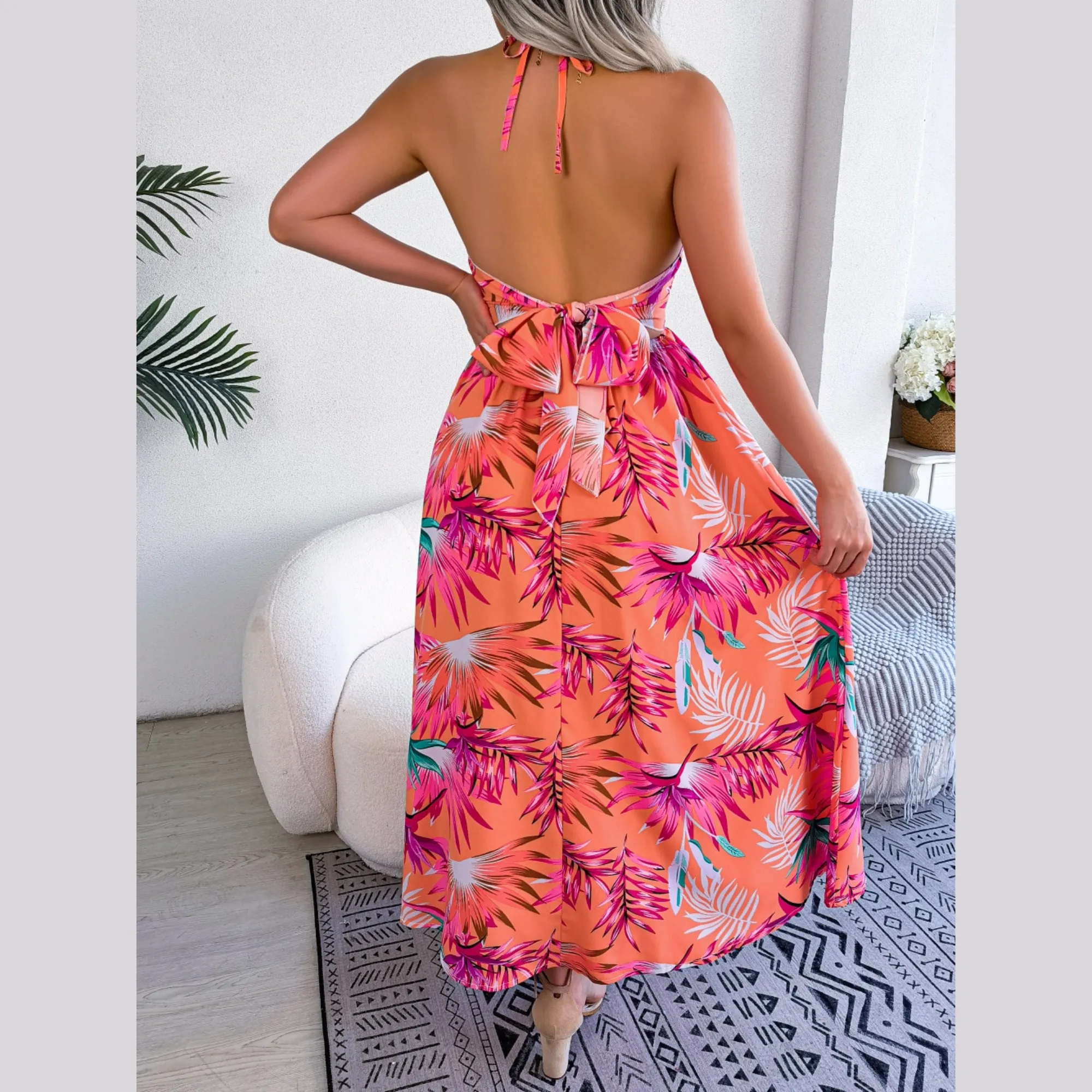 Eloise - Orange Floral Cutout Halter Dress