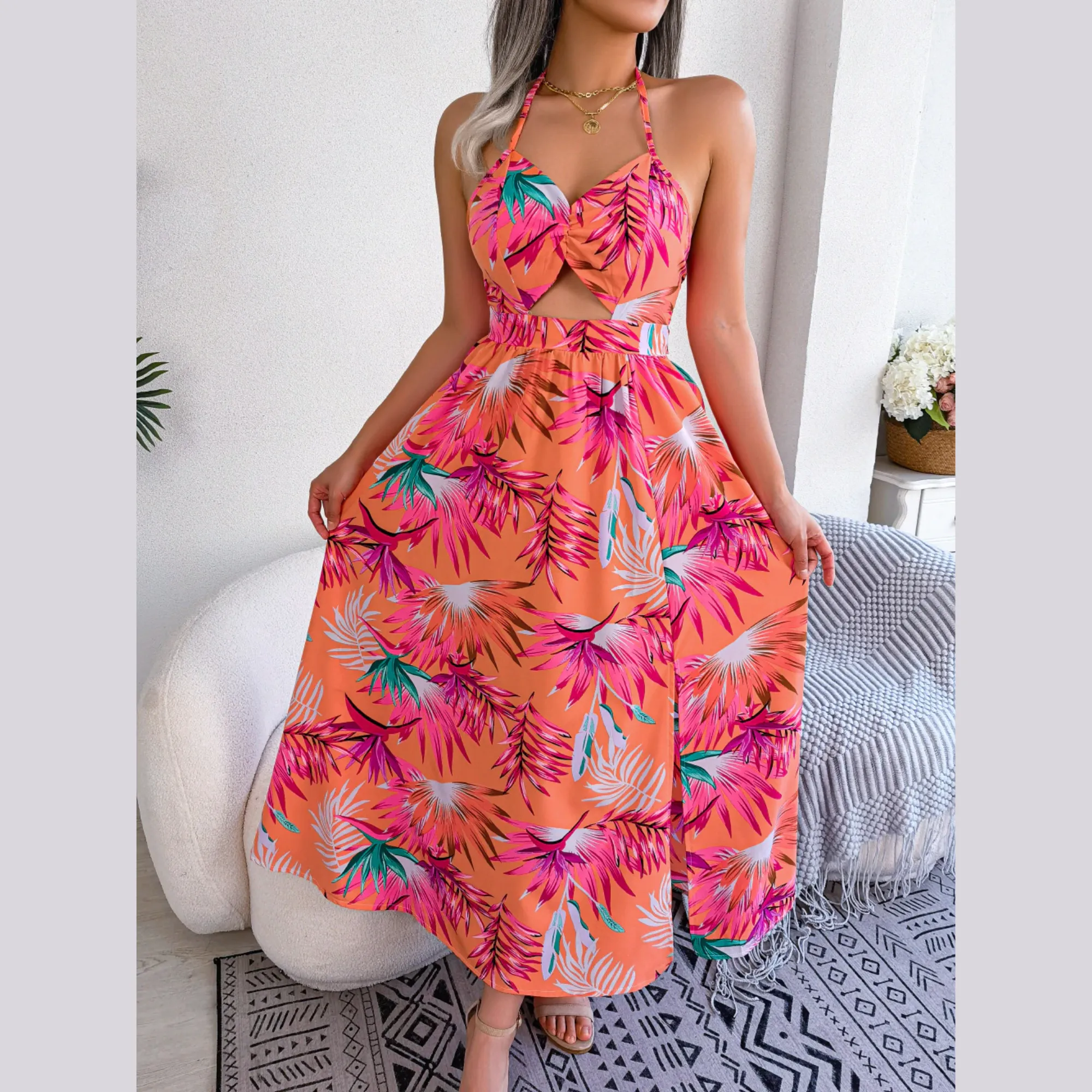 Eloise - Orange Floral Cutout Halter Dress