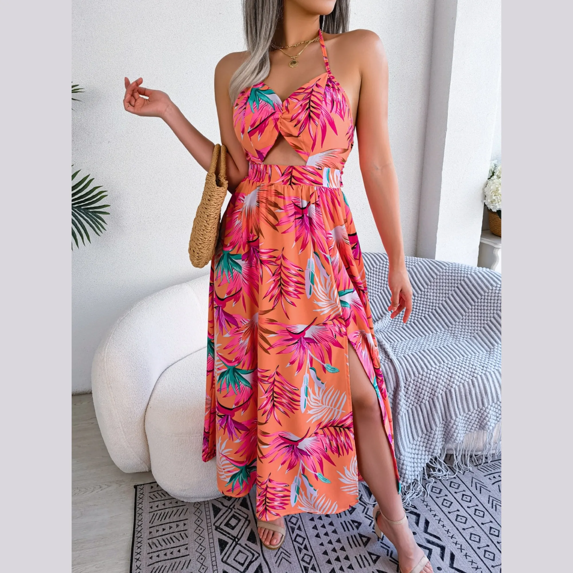 Eloise - Orange Floral Cutout Halter Dress
