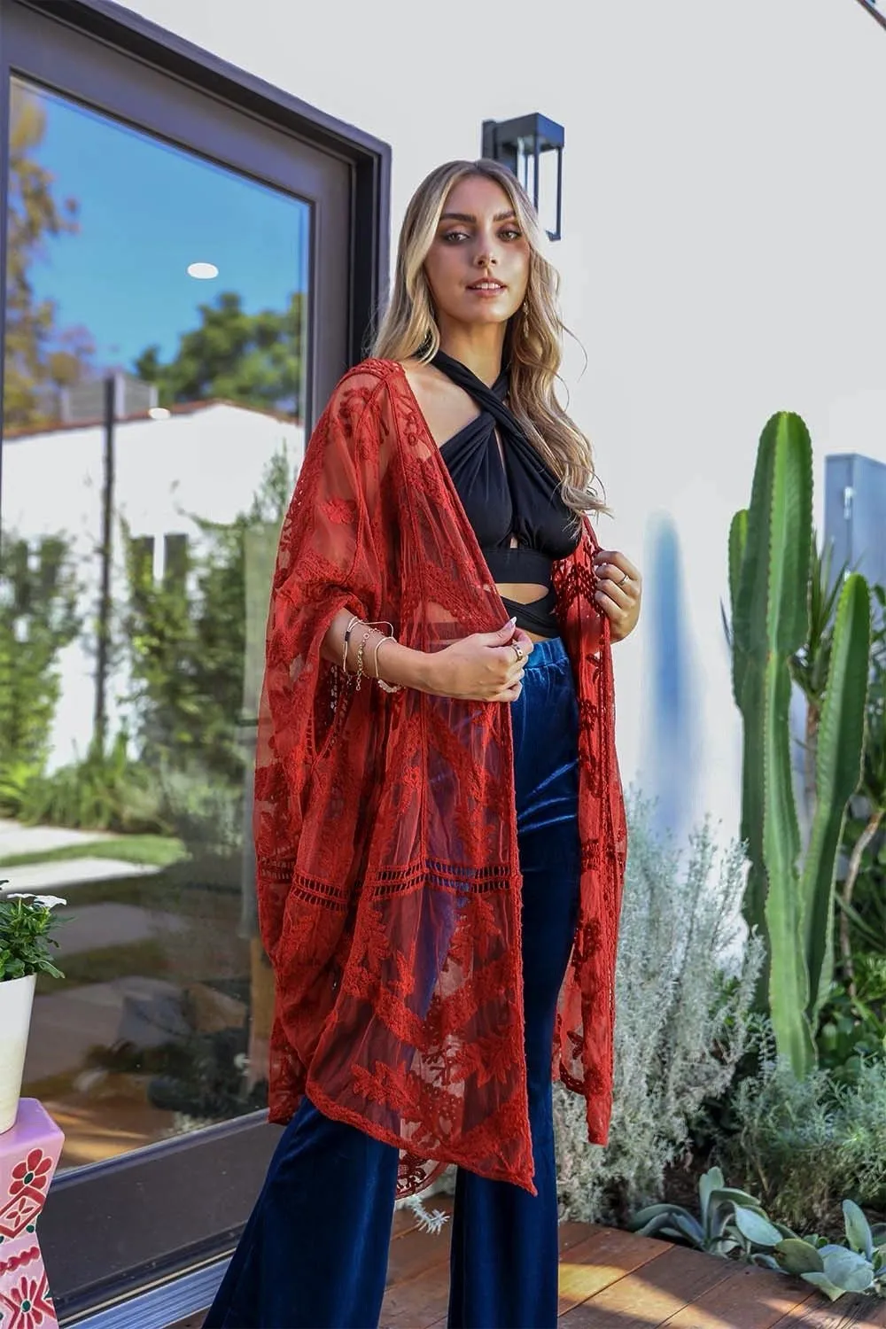 Embroidered Mesh Leaf Kimonos.