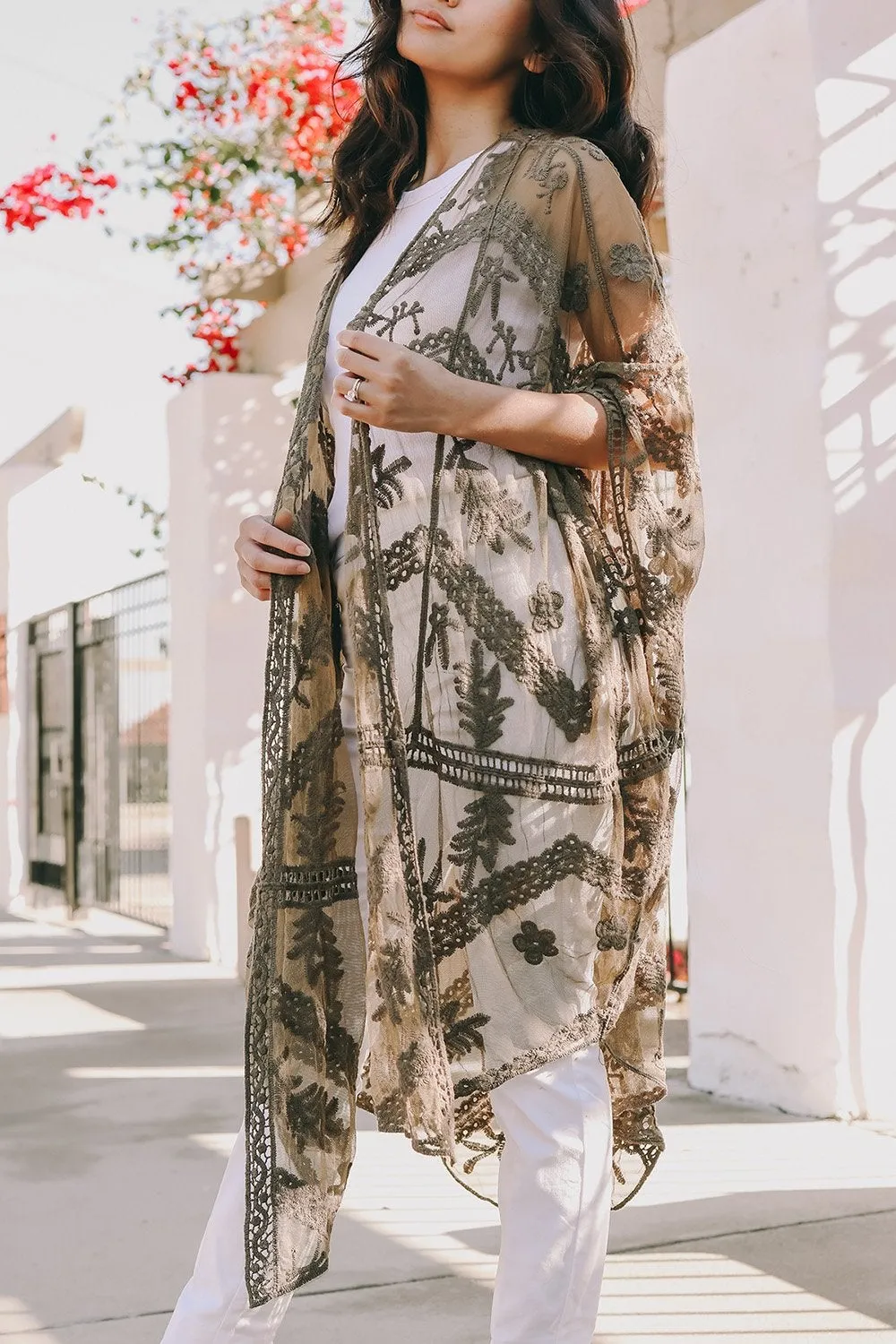 Embroidered Mesh Leaf Kimonos.